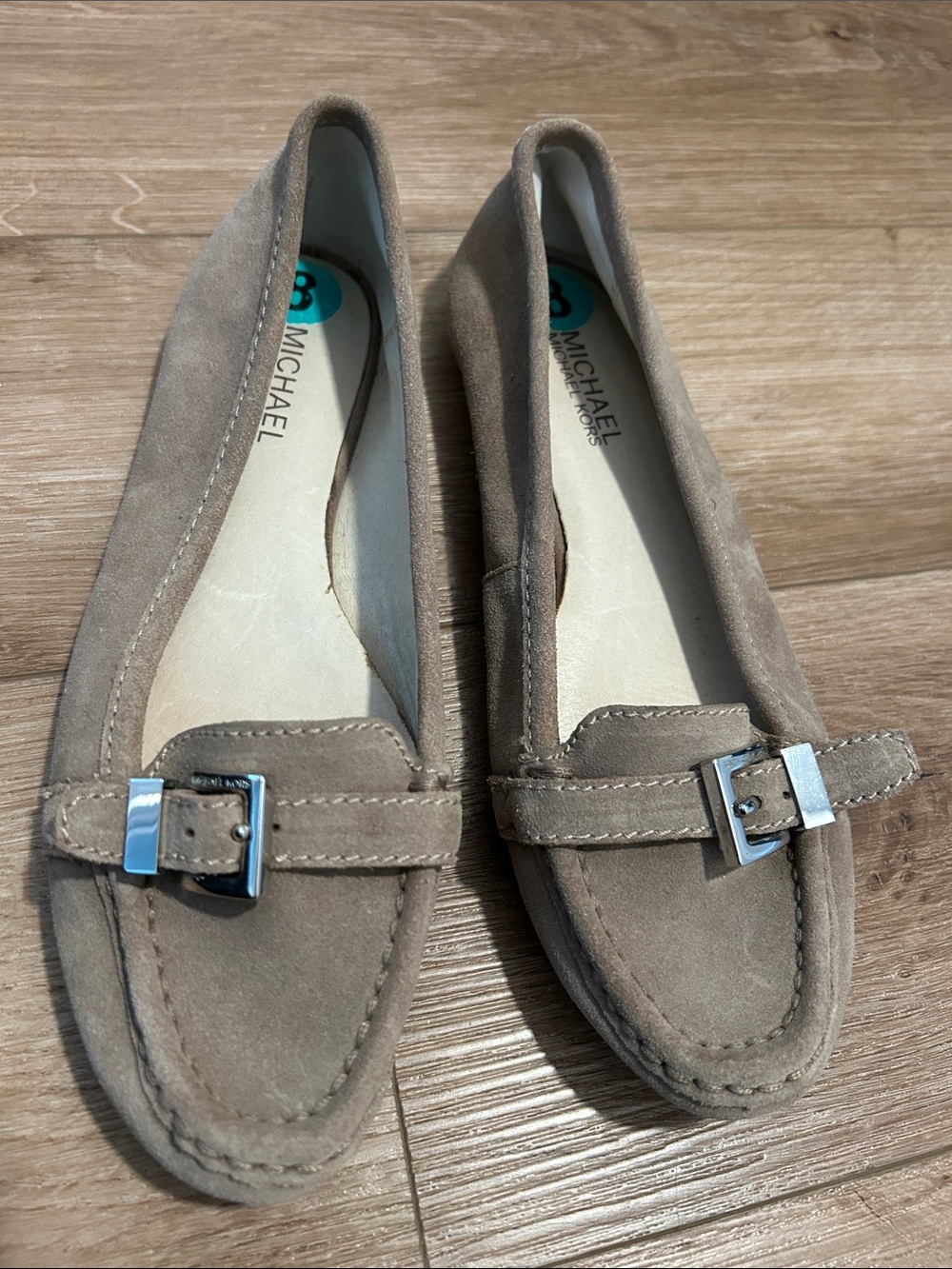 Michael Kors Taupe Suede Slip-On Loafers with Silver Buckle